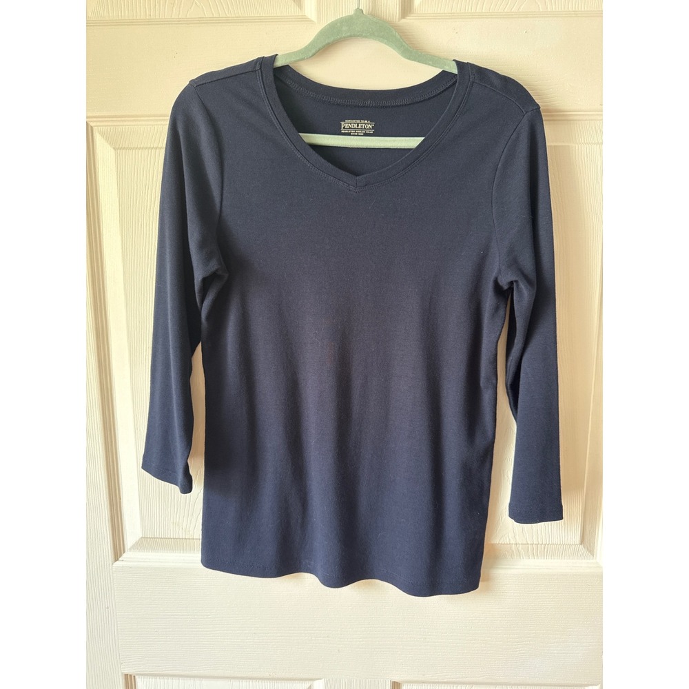Pendleton Top Womens Small Navy Blue V-Neck 3/4 Sleeve Knit Minimalist Classic
